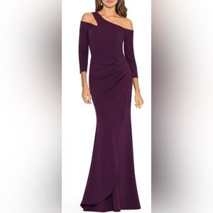Xscape Evenings Off the Shoulder Three-Quarter
Sleeve Scuba Gown in Mulberry